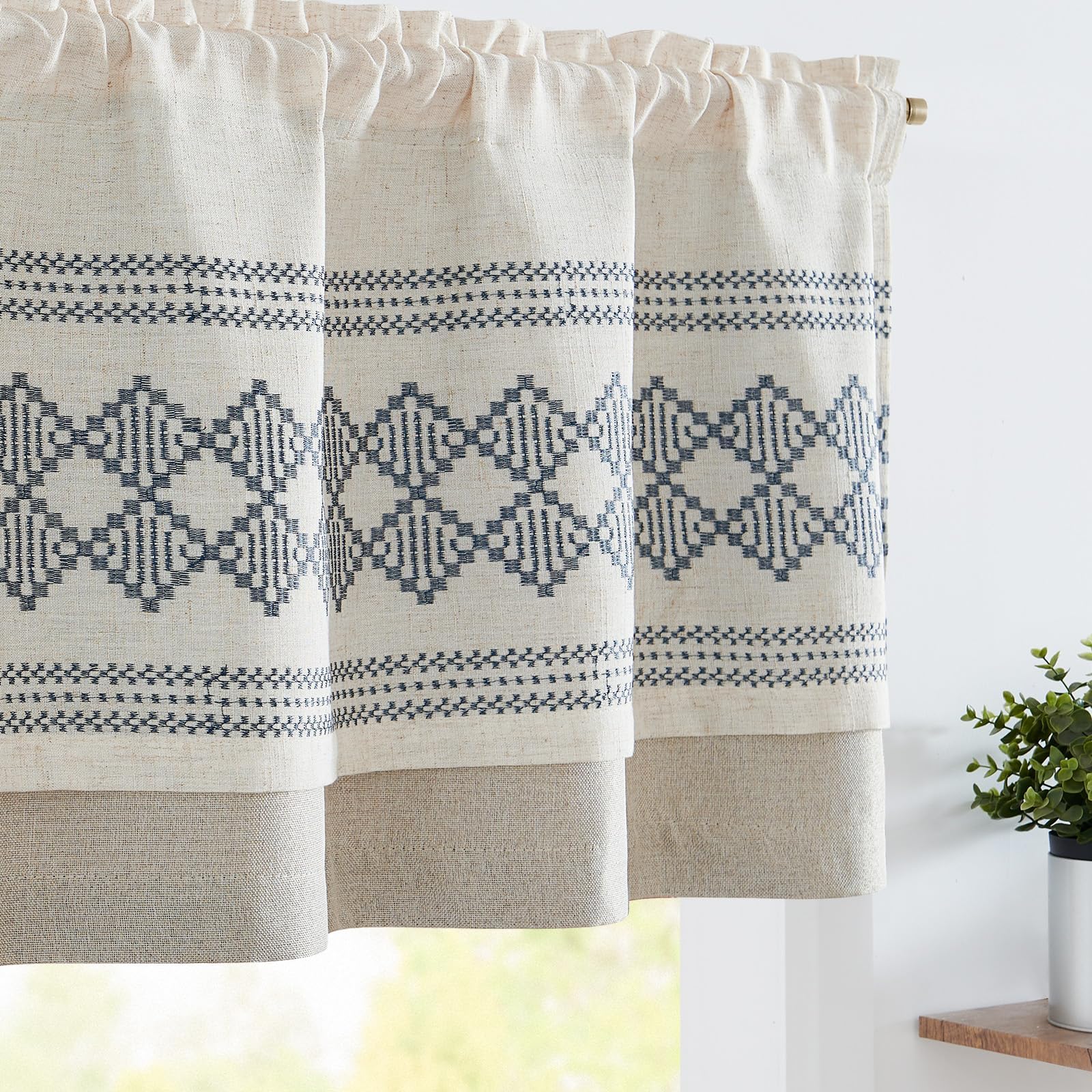 Jinchan Boho Valance Kitchen Valance Curtain For Windows 18 Inch Embroidered Linen Valance For Living Room Bedroom Bathroom Doouble Layer Blackout Farmhouse Curtain Rod Pocket 1 Panel Blue On Beige